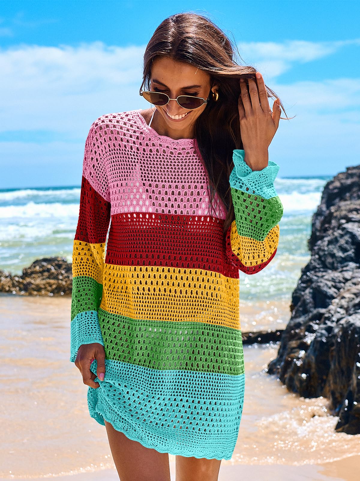 ANRABESS Women Swimsuit Crochet Swim Cover Up 2024 Summer Bathing Suit Swimwear Mesh Knit Beach Dress Vacation Outfits Rainbow Stripe Small