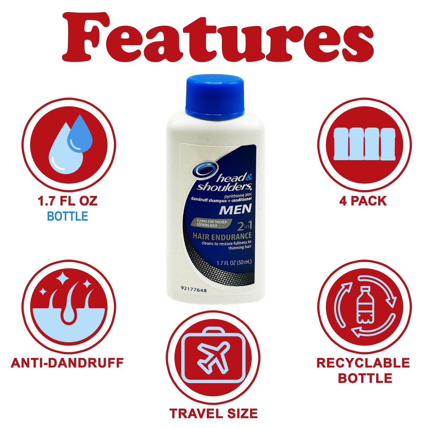 Head & Shoulders 2 in1 Men Dandruff Shampoo and Conditioner, Hair Endurance for Thinning Hair, TSA Approved Mini Toiletries, Travel Size 1.7 oz Bottles (4 Count)