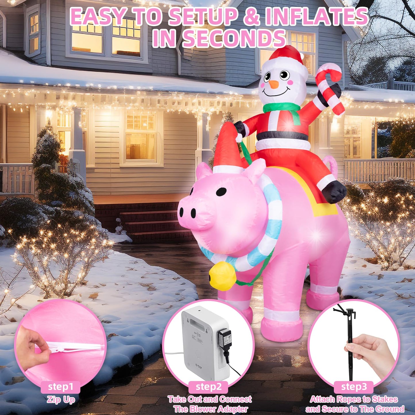 7FT Christmas Inflatables Cute Inflatable Christmas Inflatable Santa with Pink Pig Christmas Decorations Outdoor Christmas Blow Up for Yard, Outside, Built-in LED Lights with Tether