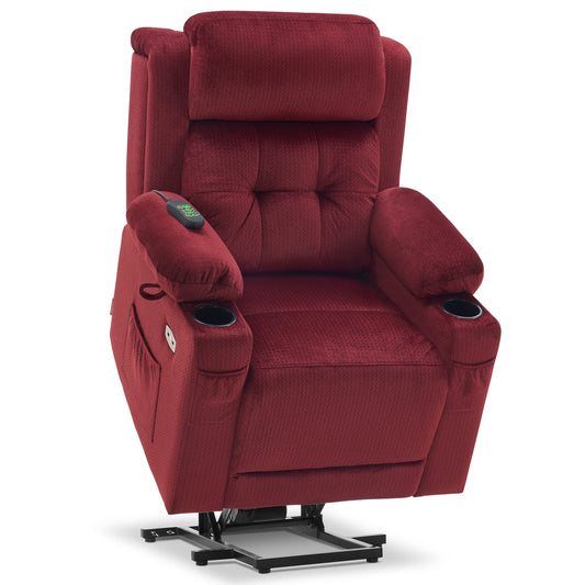 MCombo Small Triple Motor Power Lift Recliner Chair with Massage and Heat for Petite Elderly People, Adjustable Headrest, Infinite Position, USB Ports, Fabric 7664 (Burgundy, Small)