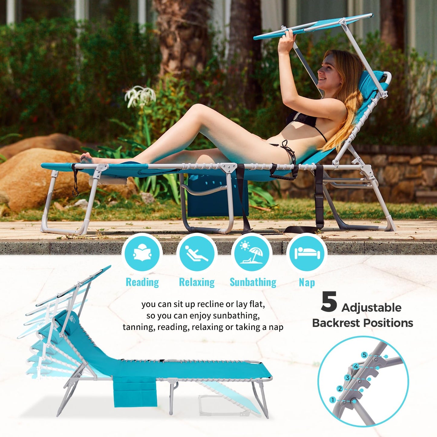#WEJOY 3 in 1 Tanning Chair with Face Hole & Canopy, 300 lbs Heavy Duty 5 Positions Folding Face Down Lounge Chairs Outdoor with Pillow & Storage Bag Portable for Pool Beach Lawn Camping (Cyan)