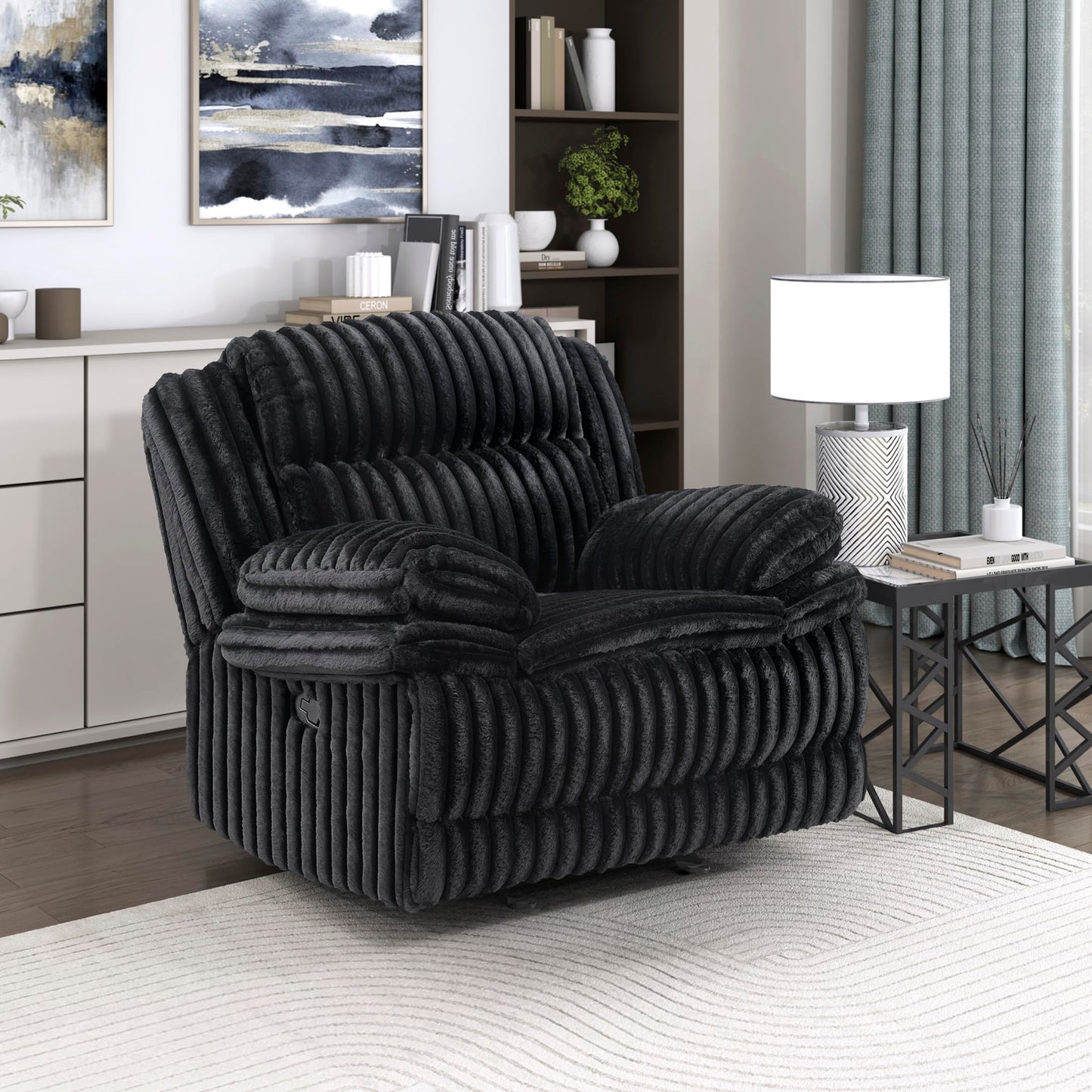 Lexicon Manual Glider Recliner Chair, Corduroy Manual Tab Pull Reclining Chair with Pillow Top Arms, Plush Cushions, Cozy Theater-Style Accent for Living Room/Bedroom, Easy Assembly, Black