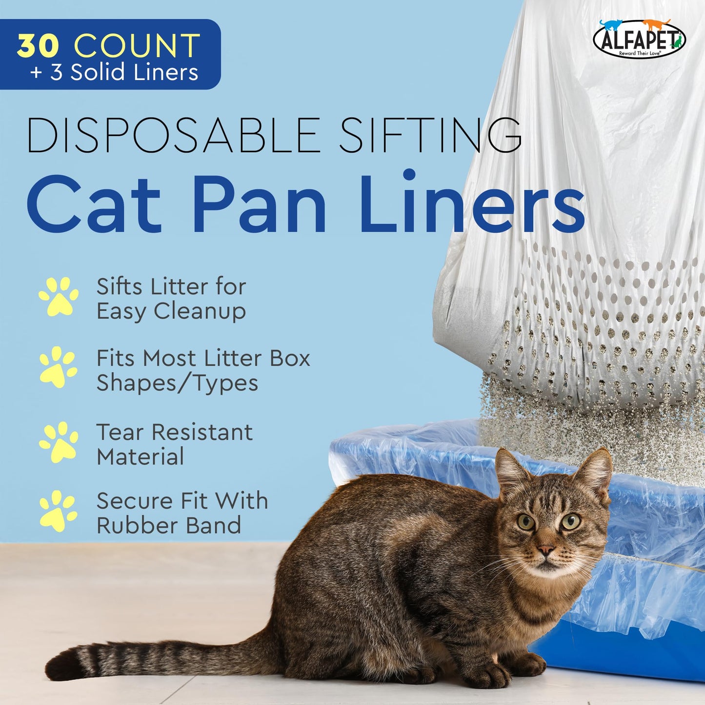 Alfapet Original Sifting Cat Litter Box Liners - Extra Giant 30 Count - Tear-Resistant Cat Litter Bags - Waterproof Kitty Litter Liners - Fits Almost All Litterbox Pan Sizes, 40" x 38", 30 lb Capacity