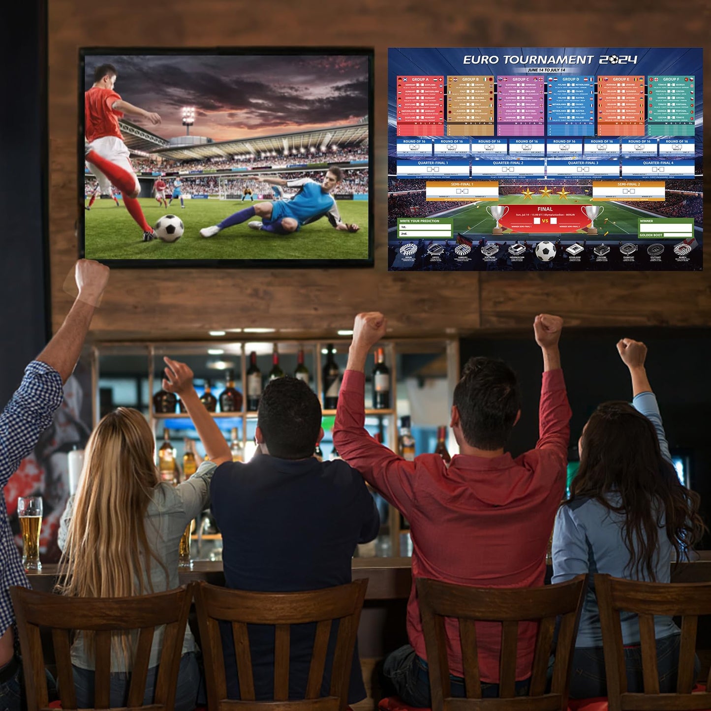AhfuLife 2 Pcs Euro 2024 Wall Chart Poster Decorations - A1 Size Euro 2024 Soccer Match Schedule Poster with ET Time, European Germany 2024 Football Soccer for Bar Home Party Decor (23.3''×33.1'')