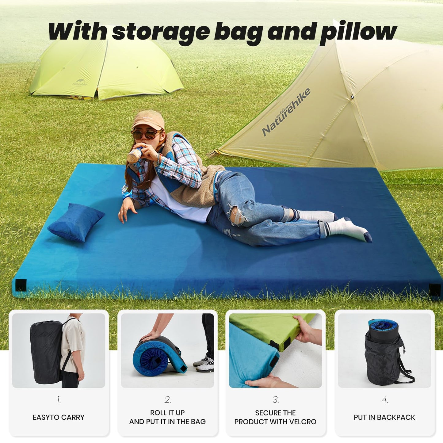 Memory Foam Camping Mattress Sleeping Pad, Portable Roll up Mattress with Travel Bag, 3 Inch Waterproof Camping Mat for Car Tent Floor, Comfortable Sleeping Mats for Guests and Adults Sleepover