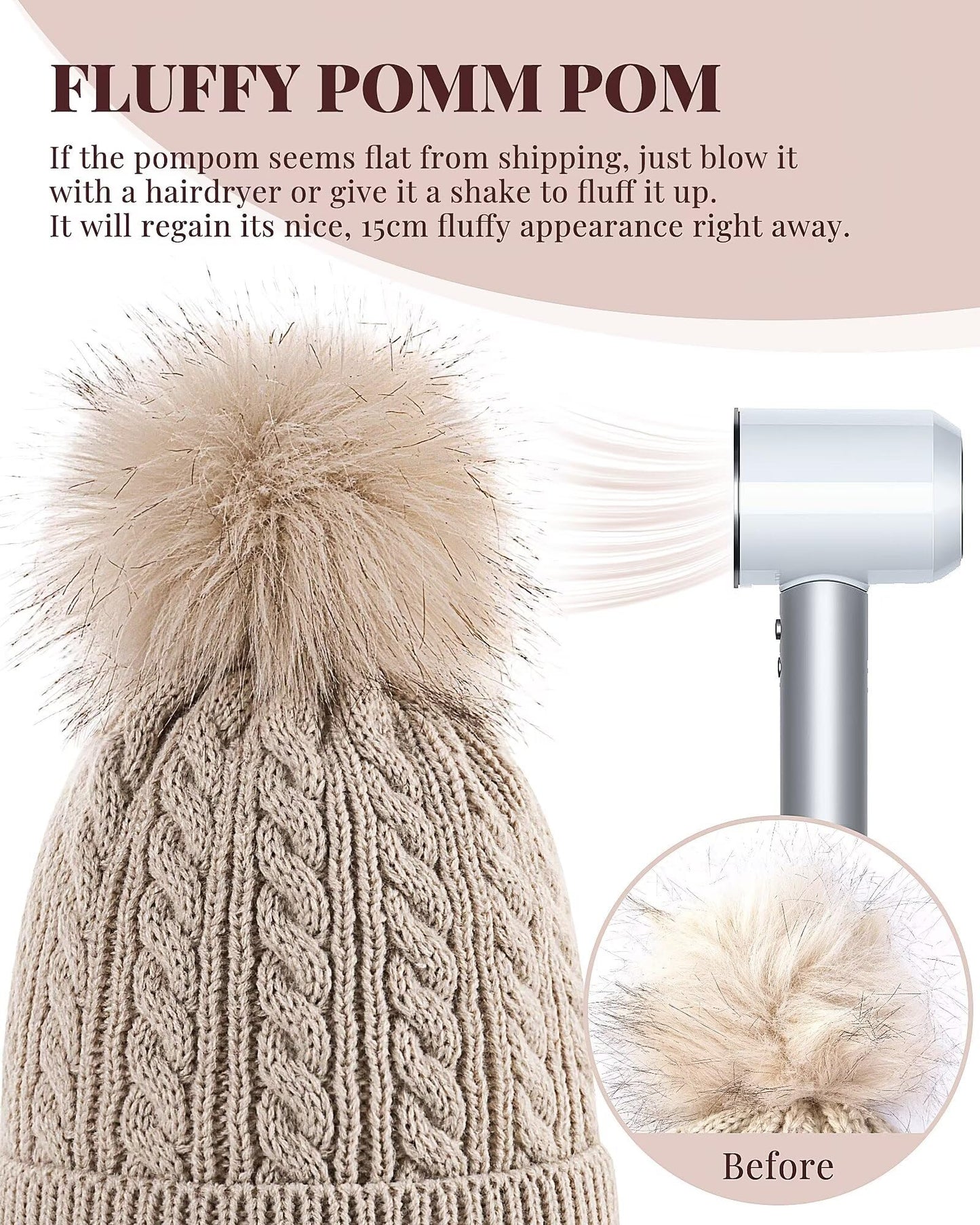 Alepo Womens Winter Beanie Hat, Warm Fleece Lined Knitted Soft Ski Cuff Cap with Pom Pom (Black+White)