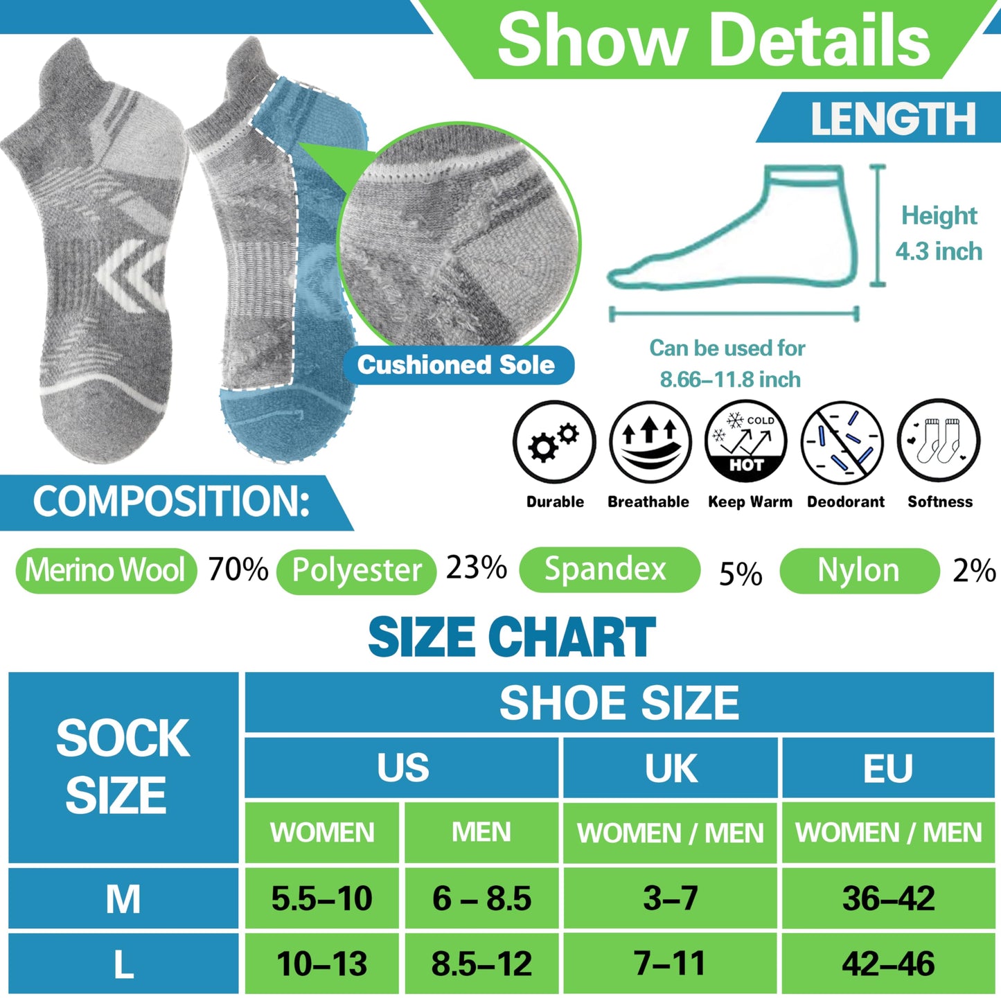 ANTSANG Merino Wool Ankle Hiking Socks Compression Warm Thermal Thick Cushion Winter Running No Show Moisture Wicking Socks Gifts Stocking Stuffers for Women Men 6 Pairs(Black Grey,L)