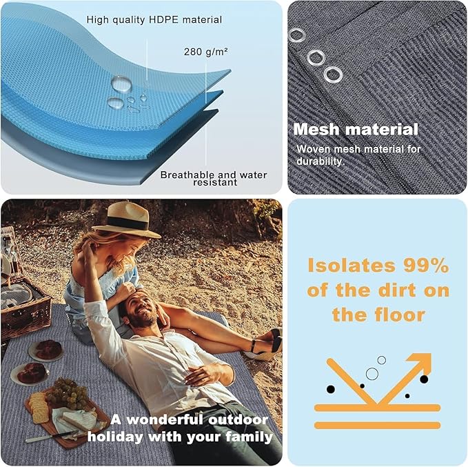 FoundGo Awning Carpet HDPE Camping Outdoor Rug with Eyelets,Nails,Broom,for RV,Patio,Backyard,Picnic,Beach,Trailer 8'*20' (2.44 * 6.1m)-Blue Grey