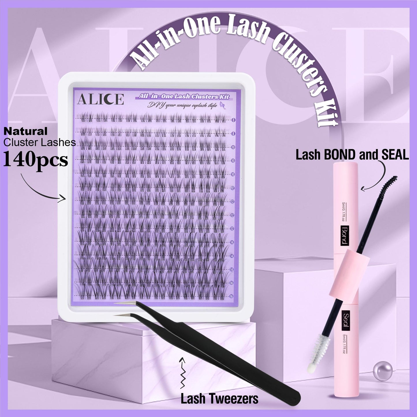 ALICE Cluster Eyelash Extension Kit Natural Wispy Lash Clusters Kit Lash Extension Kit Clear Band 168pcs C Curl 11-13mm Individual Lashes with Lash Glue Bond and Seal Self Application at Home