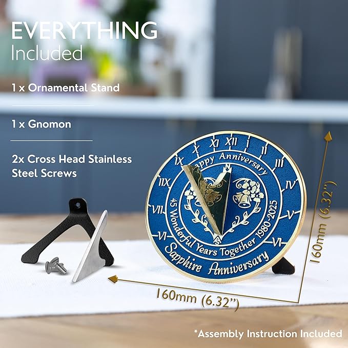 Anniversary Sundial Gift for 45th Sapphire Wedding Anniversary in 2025 - Recycled Metal Home Decor Or Garden Present Idea - Handmade in UK for Him, Her Parents Or Couples 45 Year Celebration