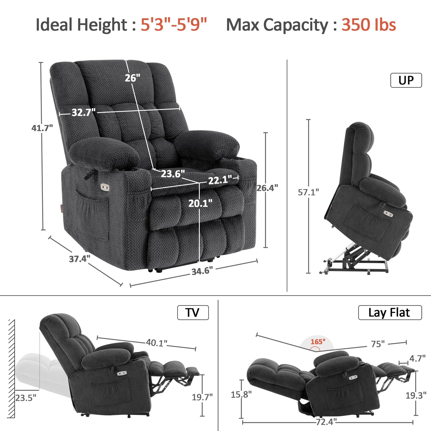 MCombo Dual Motor Power Lift Recliner Chair with Massage and Heat for Elderly People, Infinite Position, USB Ports, Cup Holders, Fabric 7890 (Medium, Dark Gray)