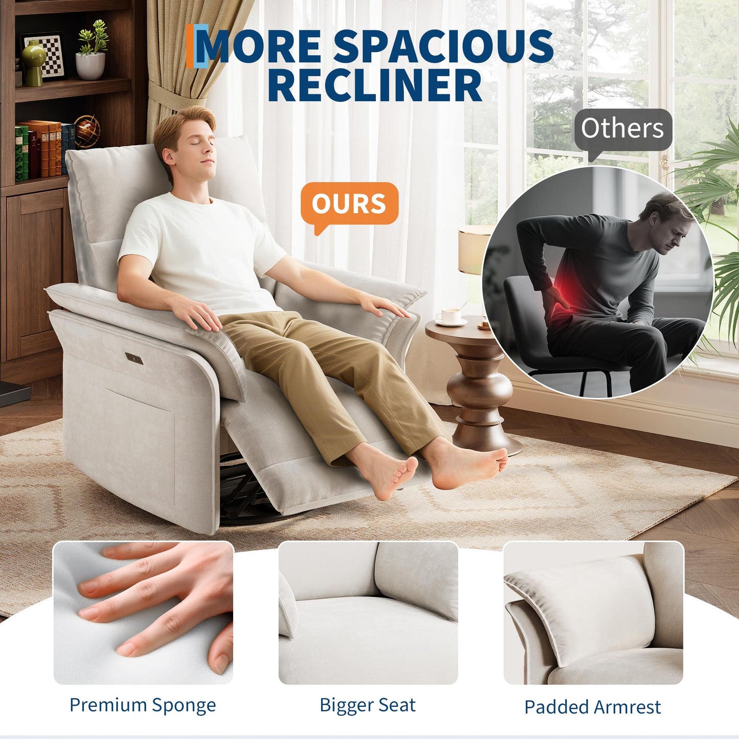 GarveeHome Power Recliner Chair Swivel Glider Upholstered Chenille Nursery Rocker Reclining Sofa Chair with Charging Port, Double-Layered Armrests & Side Pocket for Living Room and Bedroom (Beige)