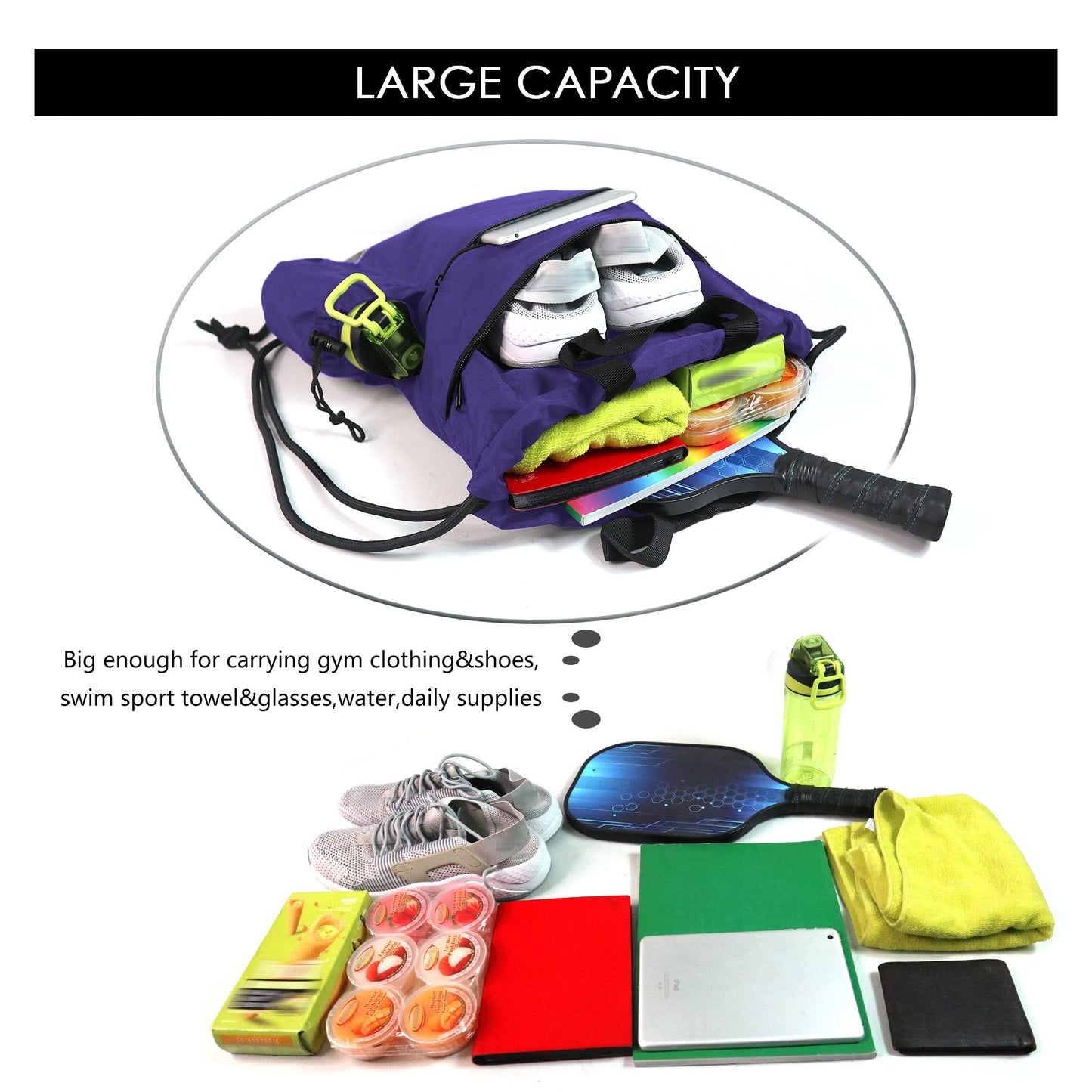 BeeGreen Purple String Backpack Bag for Sports 1 Pieces Cinch Sack w Zipper Front Pocket Portable Sinch Sackpack Large Durable Gymsack w Water Bottle Pouch …