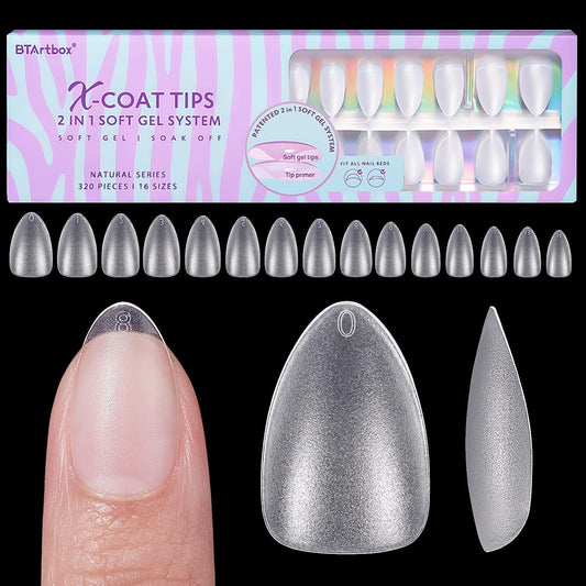 BTArtbox Short Almond Nail Tips - Natural Short Fake Nails with Tip Primer Full Cover, Stronger Nail Adhesion, Clear Soft Gel Nail Tips for Nail Extensions DIY Art