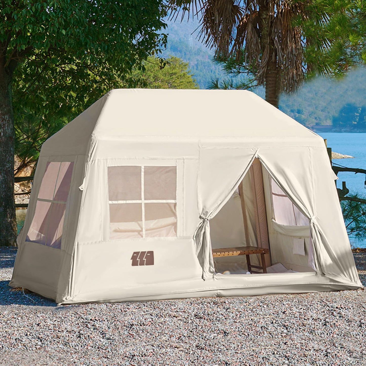 Inflatable Tents for Camping, Blow Up Tent with Hand Pump, 3-4 Person Air Glamping Tent with Canopy, Easy Setup 4 Season Waterproof Windproof Outdoor Glamping House(Brown)