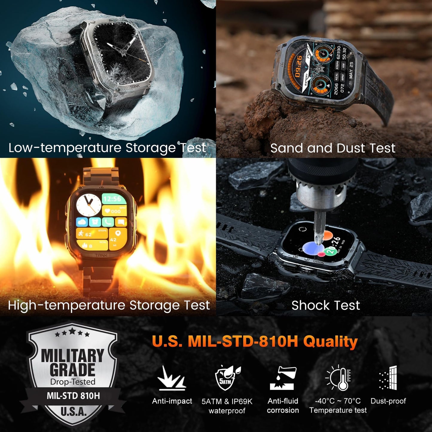 AMAZTIM Smart Watch, 60 Days Extra-Long Battery, 5ATM Waterproof Swimming Diving, Full Metal Military Grade, Answer/Make Call, 2" AMOLED Display, Health Monitor Compatible for iPhone and Android