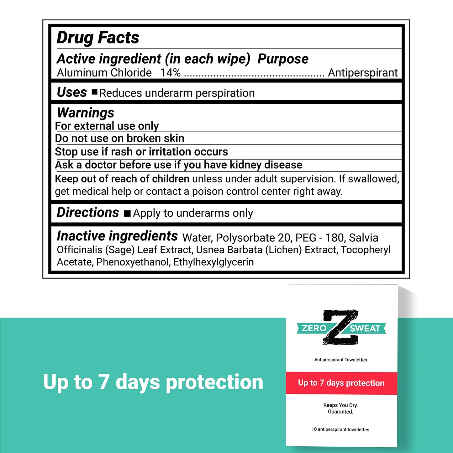ZeroSweat Antiperspirant Wipes Deodorant | Clinical Strength Hyperhidrosis Treatment - Reduces Armpit Sweat - 10 Wipes New & Improved