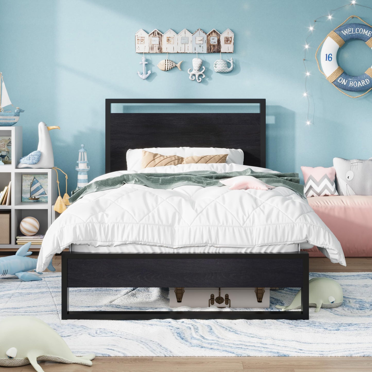 Allewie Sturdy Metal and Wooden Bed Frame with Headboard and Footboard,8.6" Underneath Space, No Box Spring Needed, Modern Design,Black,Twin