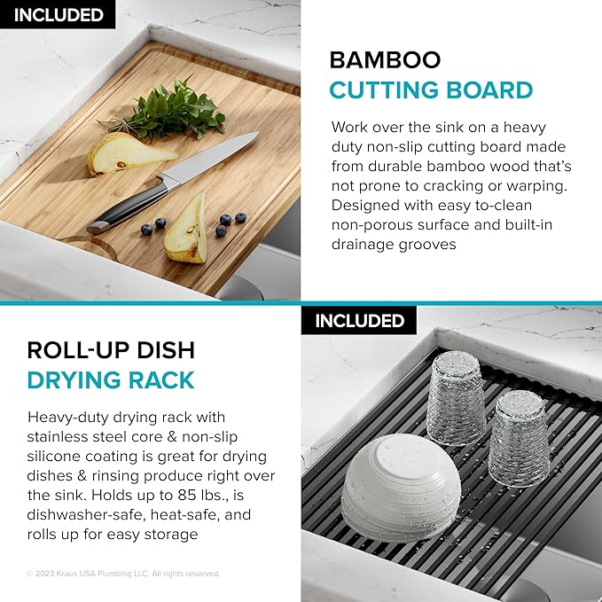 KRAUS KWU112-33 Kore Workstation 33-inch Undermount 16 Gauge Double Bowl Stainless Steel Kitchen Sink with Integrated Ledge and Accessories (Pack of 8)