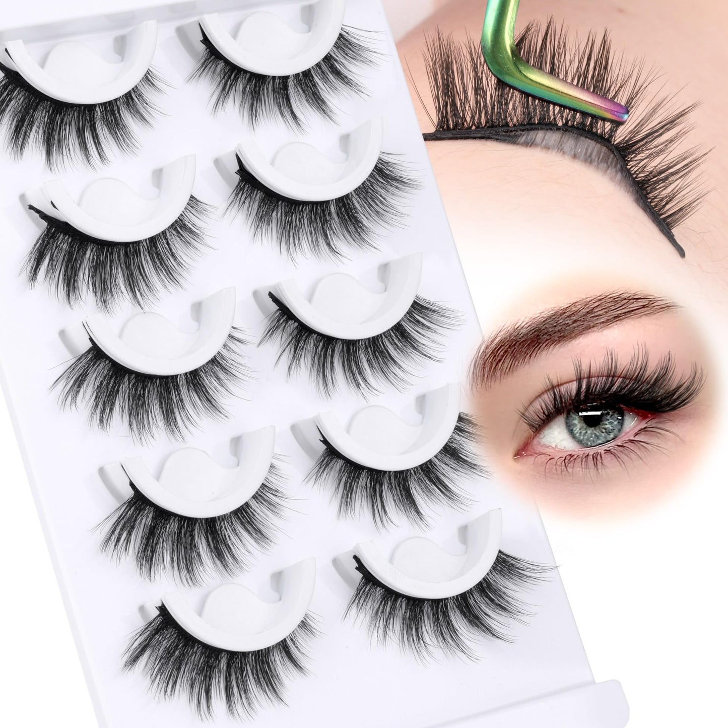 Zegaine Natural Self Adhesive Lashes Cat Eye Lashes Pre Glued Eyelashes Reusable Self Adhesive Eyelashes Wispy Glueless lashes Faux Mink Lashes Waterproof No Glued Needed Fluffy Strip Lashes 5 Pairs