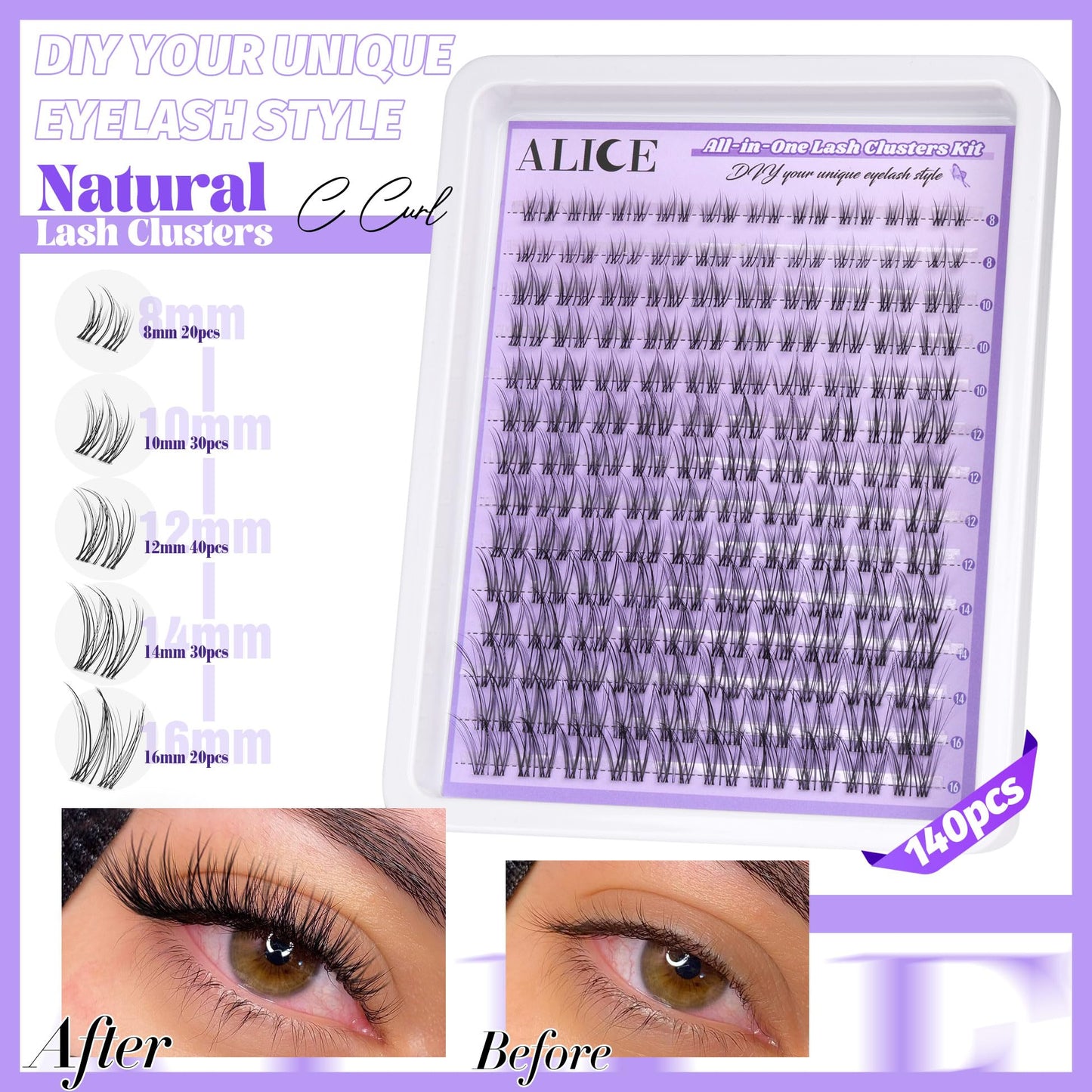 ALICE Cluster Eyelash Extension Kit Natural Wispy Lash Clusters Kit Lash Extension Kit Clear Band 168pcs C Curl 11-13mm Individual Lashes with Lash Glue Bond and Seal Self Application at Home