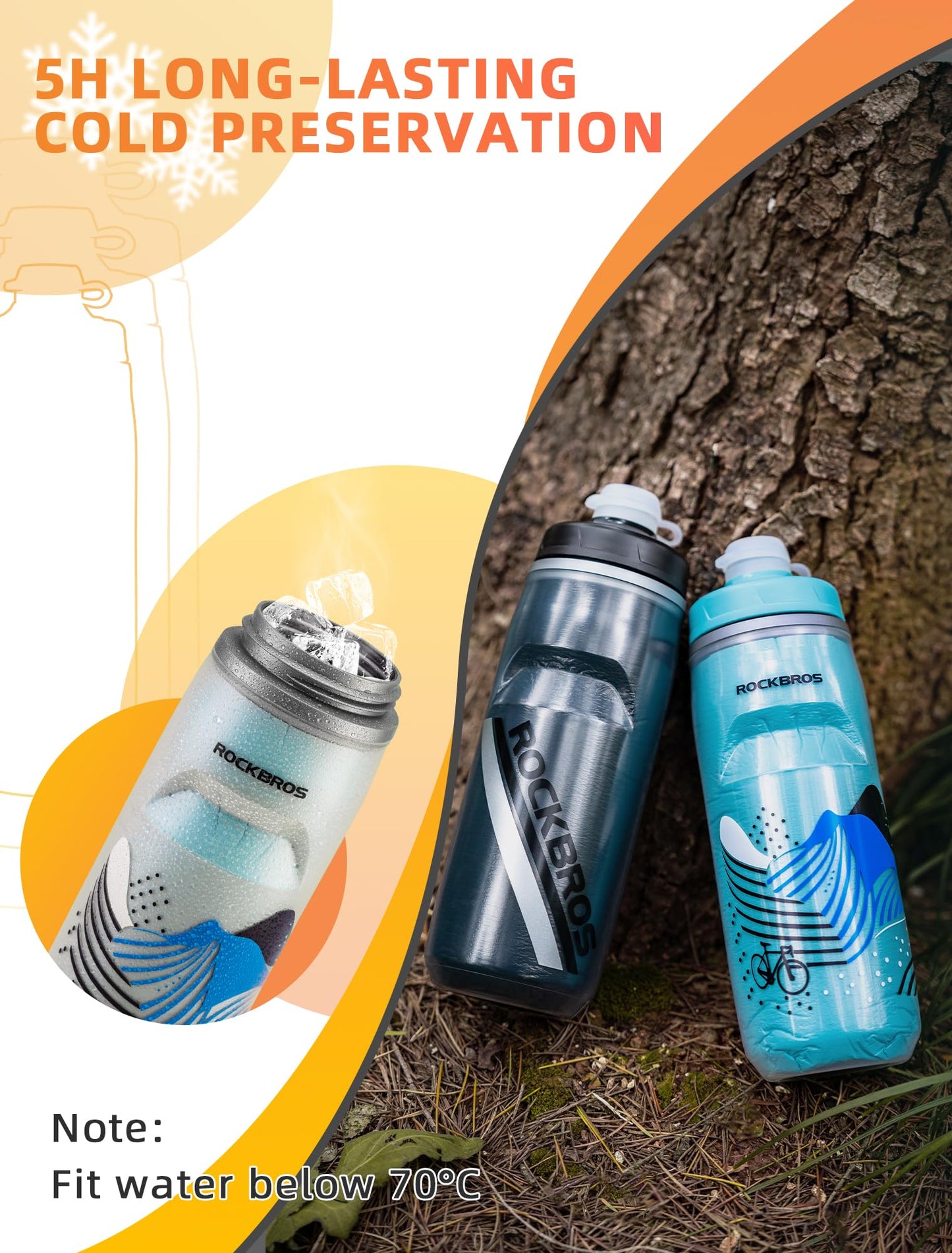 ROCKBROS Bike Water Bottle 21oz Bicycle Water Bottle for 5hrs Insulation Sports Squeeze Water Bottle with Leakproof Design