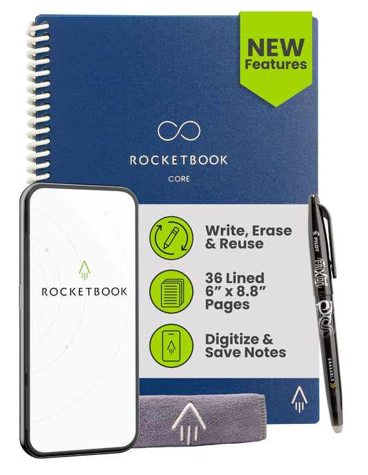 Rocketbook New Core Reusable Spiral Notebook, Executive Size 6x8.8, Navy Blue - Lined Pages, App-Connected, Erasable, Durable Cover, Ideal for School, Work, and Creative Projects
