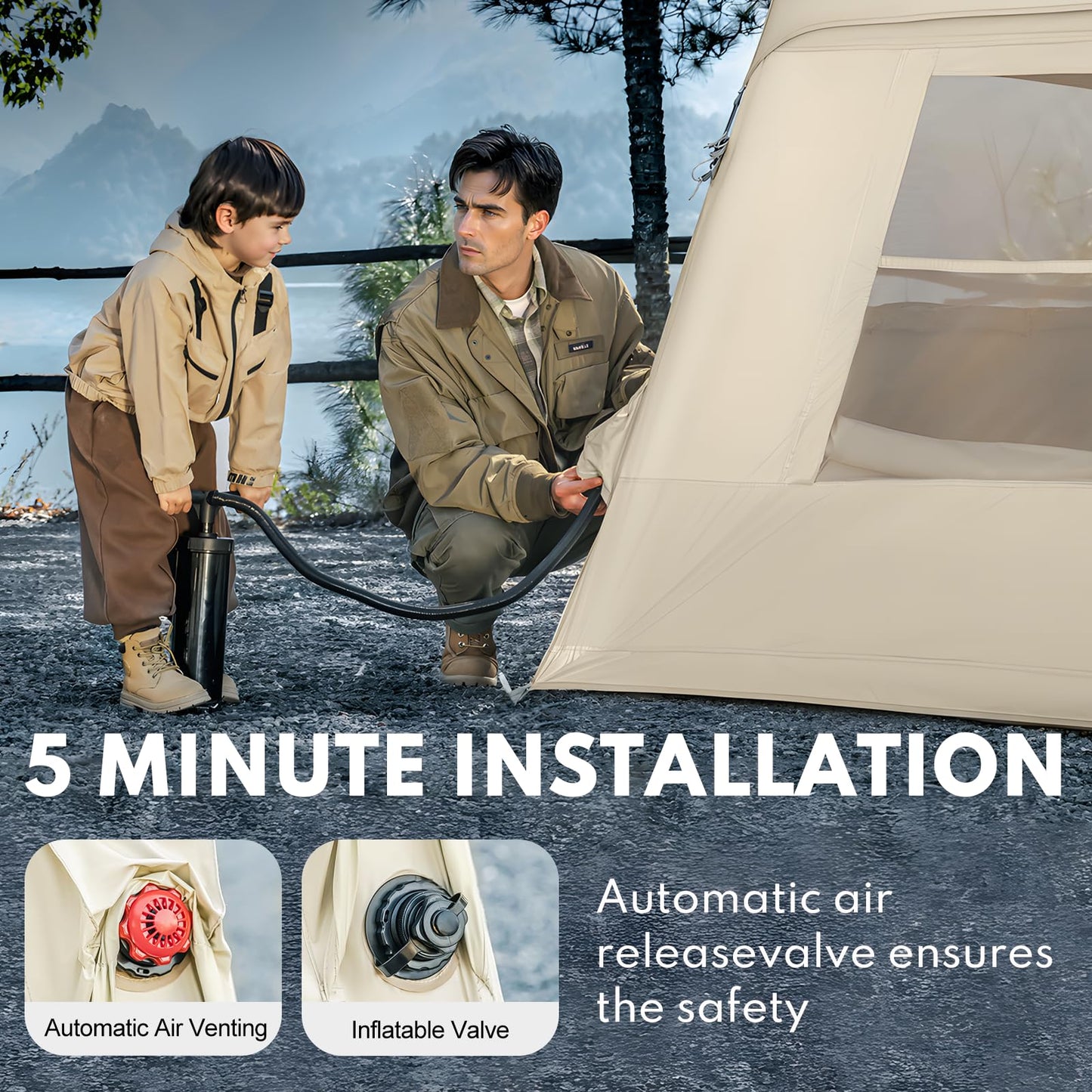Inflatable Tents for Camping, Blow Up Tent with Hand Pump, 3-4 Person Air Glamping Tent with Canopy, Easy Setup 4 Season Waterproof Windproof Outdoor Glamping House(Brown)