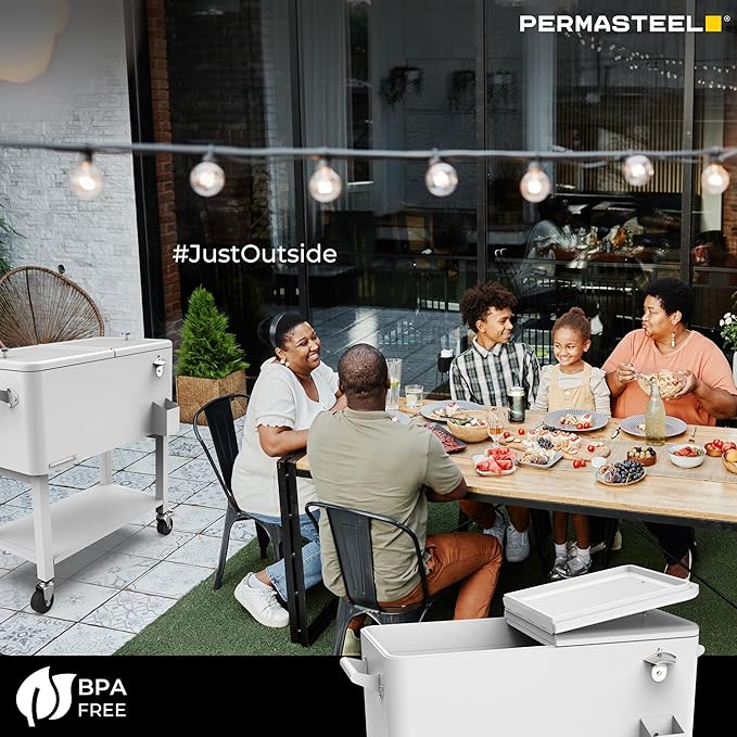 Permasteel Party Cooler with Removable Basin, Spacious 80-Qt Capacity, Rolling Ice Chest for Indoor and Outdoor Entertainment White + Bonus Cover