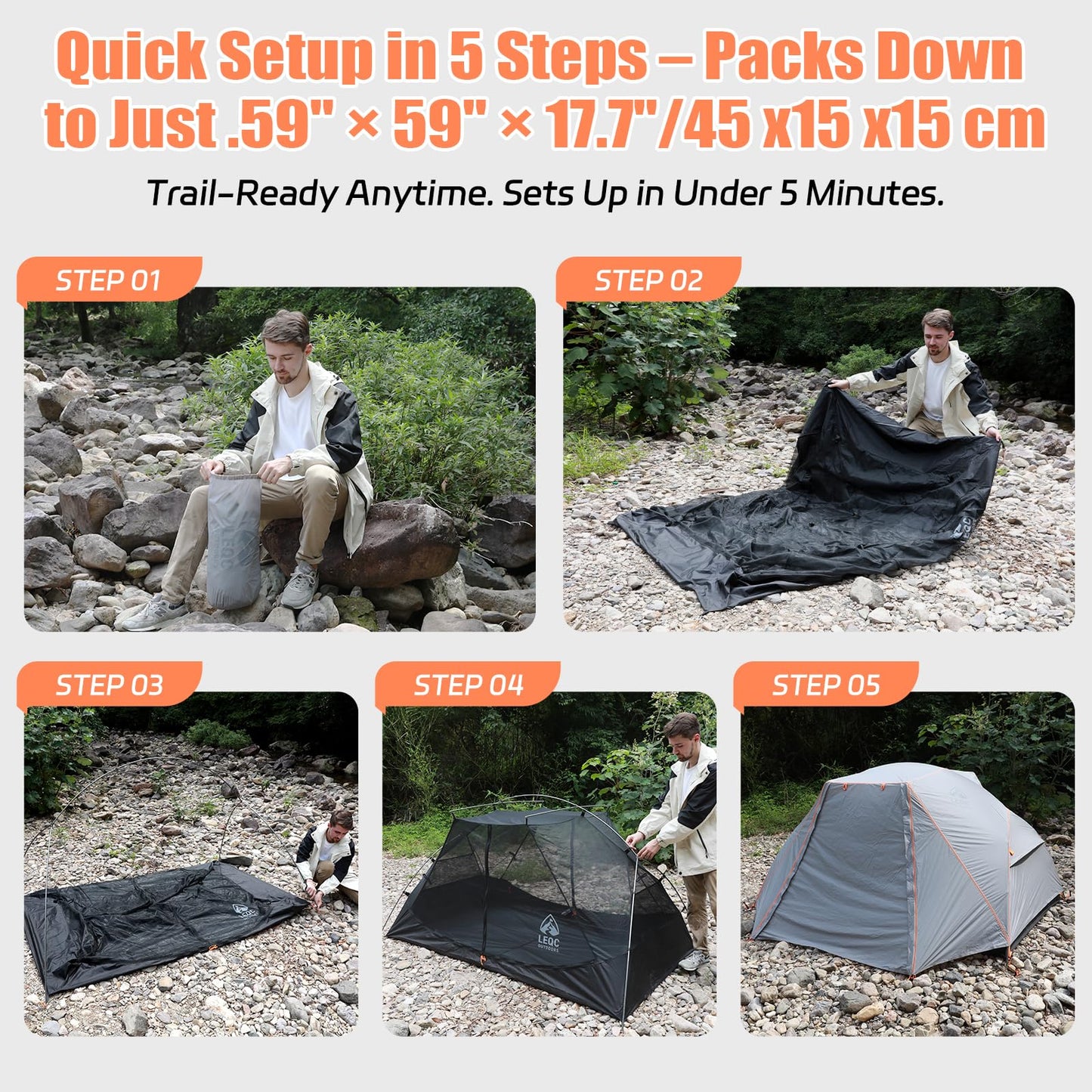 LEQC Ultralight 2 Person Backpacking Tent β Lightweight Tent Waterproof for Hiking, Trekking, Compact Camping Shelter with Aluminum Poles β Two Person Tent for Bikepacking & Camping