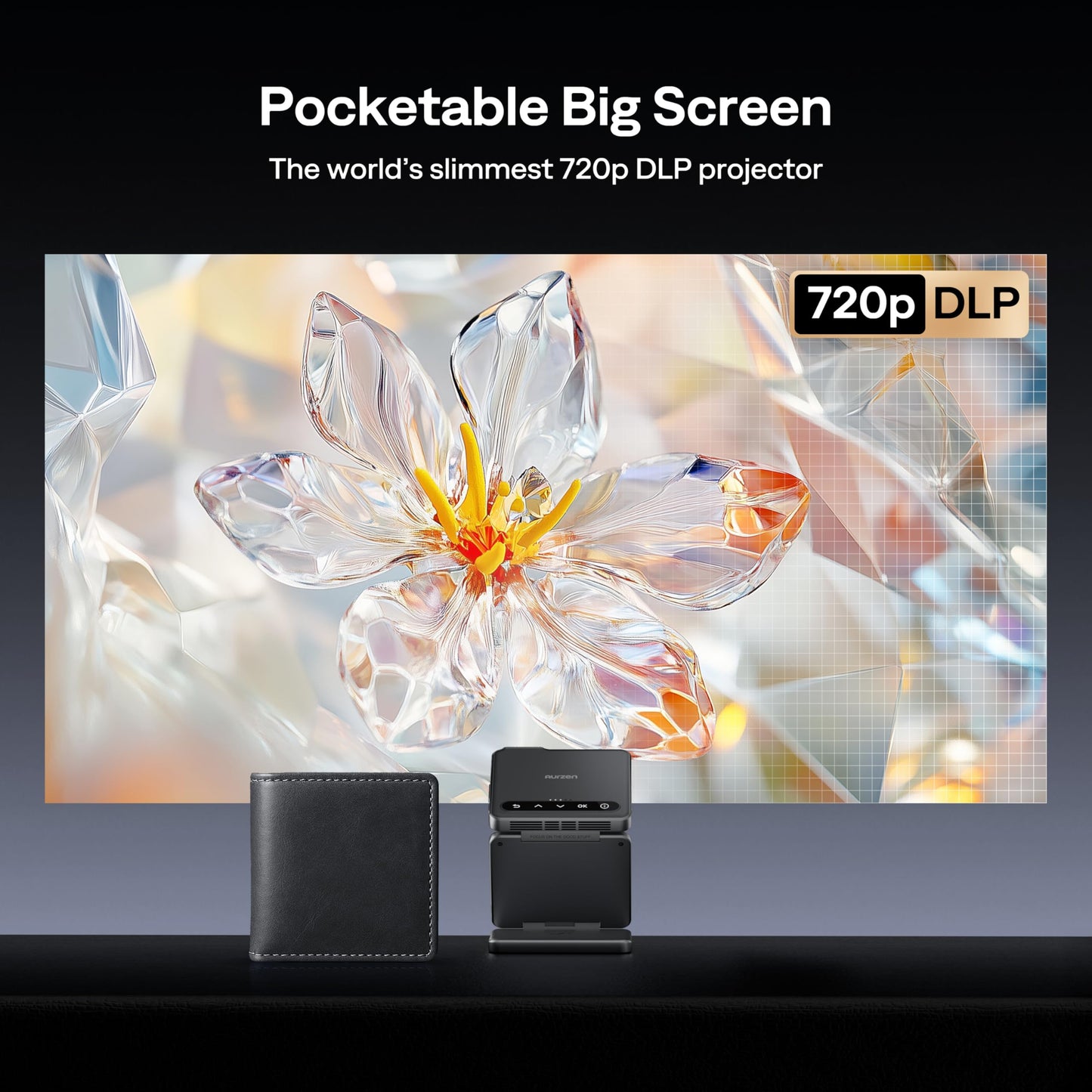 Aurzen ZIP Tri-Fold DLP Truly Mini Projector, Pocket Size, Zero-Lag Focus, One-Click Screen Mirroring, Full-Screen Mode, Type-C Fast Charging, 5,000mAh Battery, Indoor Outdoor Portable Projector, Grey