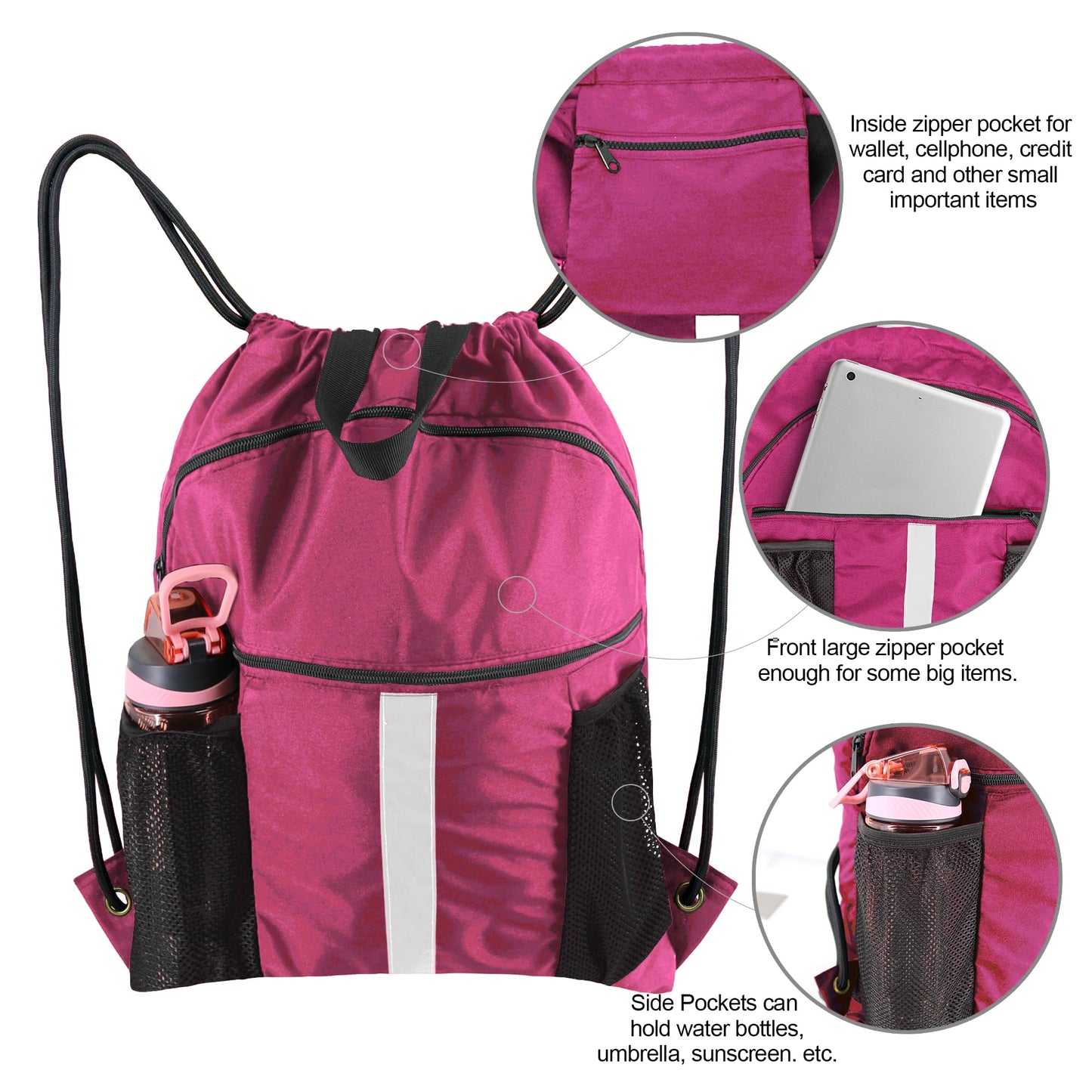 BeeGreen Rose Red Drawstring Backpack Bag with Shoe Compartment X-Large Gym Sports String Cinch Sackpack with Front Inside Zipper Pockets