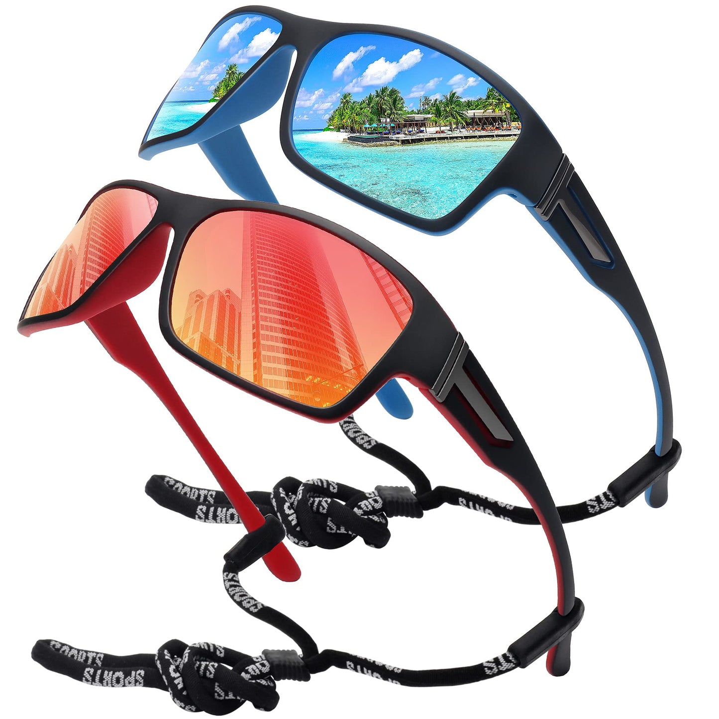 STORYCOAST Polarized Sports Sunglasses for Men Women Unbreakable Frame Cycling Fishing Driving Blue Mirror+Red Mirror 2Pack