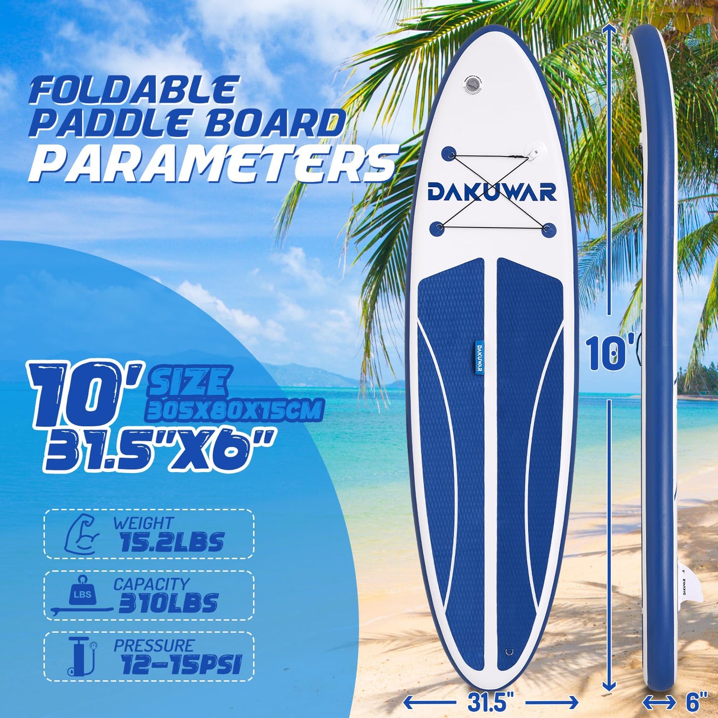 DAKUWAR Inflatable Paddle Board 10'x31.5''x6'' Folding Stand up Paddle Boards with SUP Accessories Valve Adaptor/2 fins/SUP Backpack/Ankle Leash/Repair Kit (Deep Blue and White)