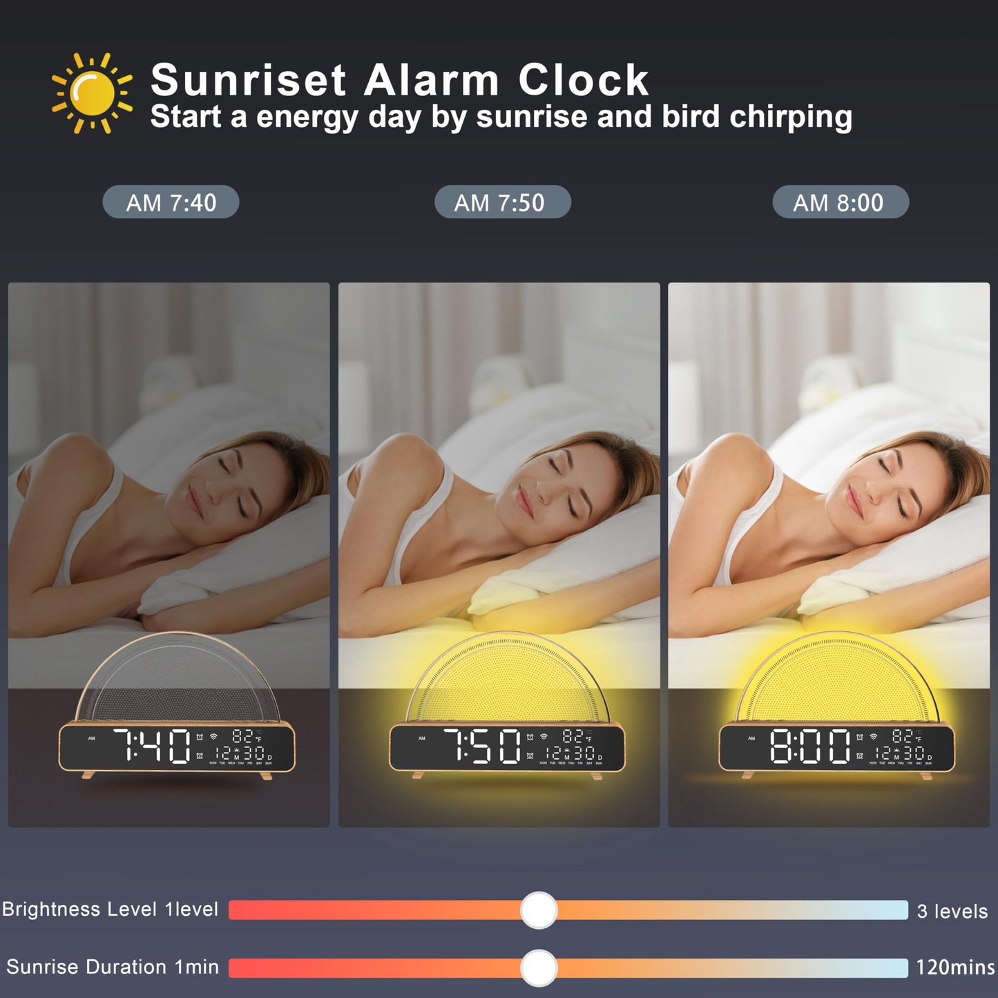 ANYPLUS Sunrise Alarm Clocks White Noise Sound Machine for Bedrooms, Wood Grain Base Wake Up Light Alarm Clock with 13 Soothing Sounds & 8 Color Night Lights for Baby/Adults/Kids(with APP