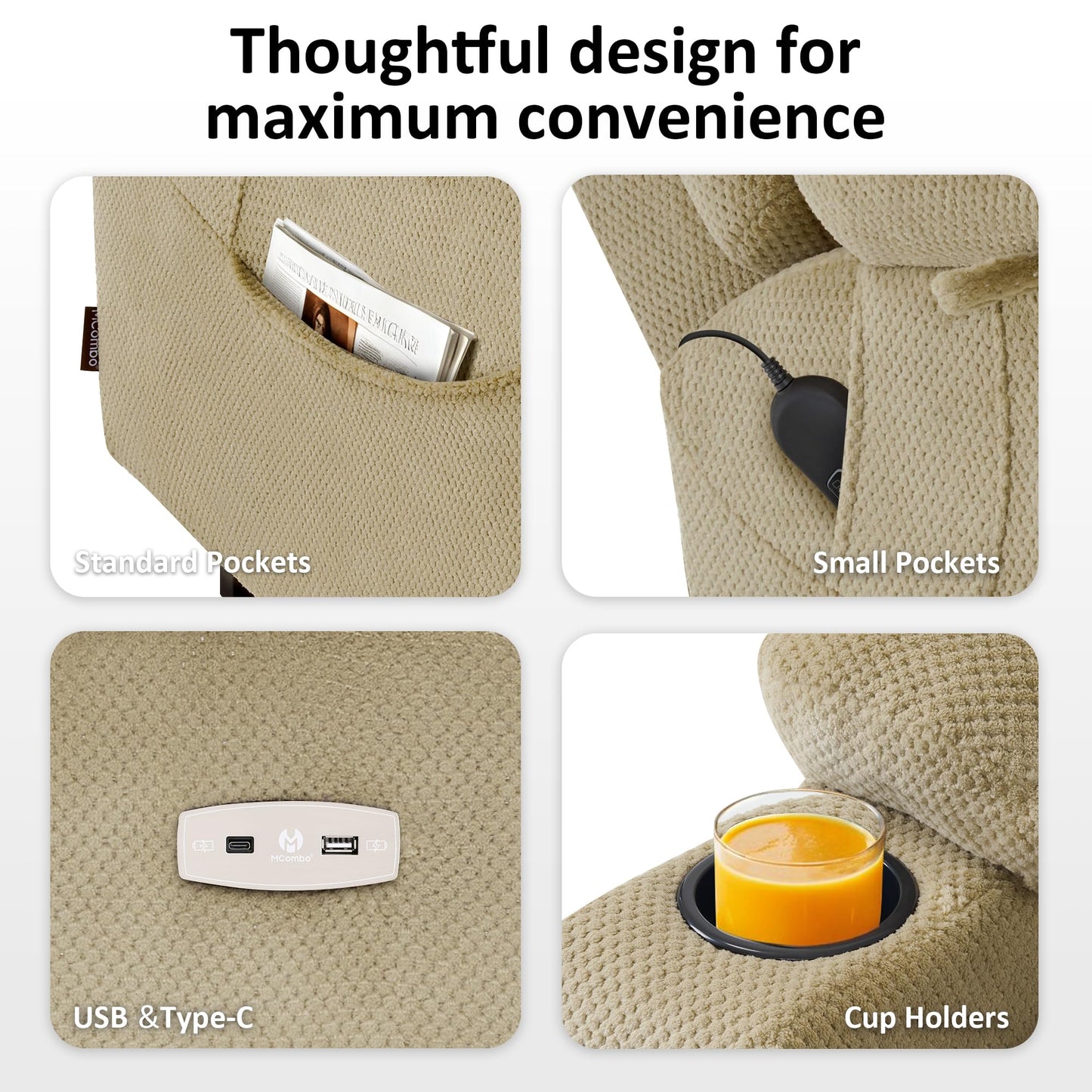 MCombo Large Triple Motor Power Lift Recliner Chair with Massage and Dual Heating, Adjustable Headrest for Tall Elderly People, Fabric 7634 (Beige, Large)