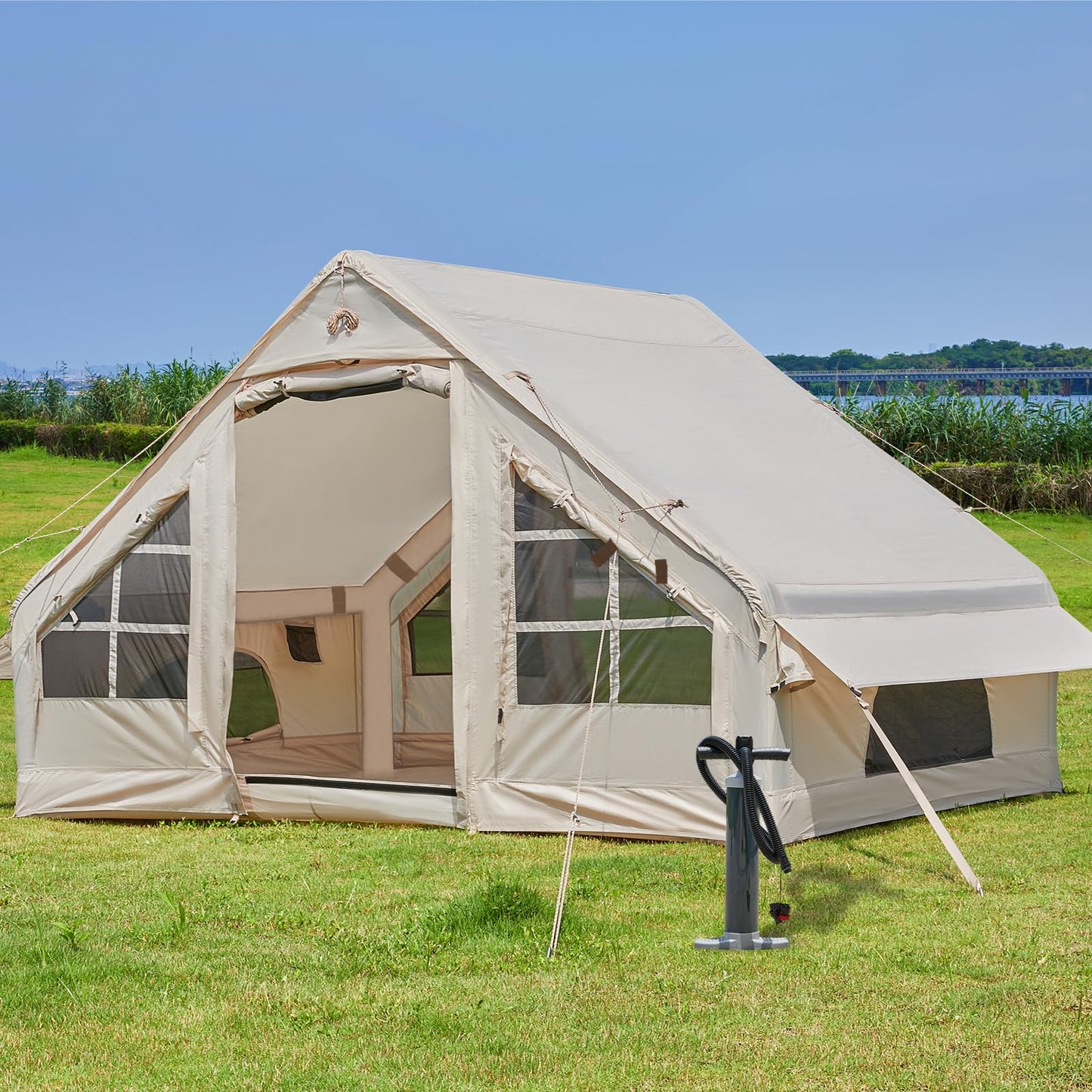 Inflatable Tent with Pump, 4-6 Person Glamping Camping Tents House, Easy Setup Blow Up Family Tents for 4 Seasons Waterproof Inflatable Tent for Camping with Mesh Windows.