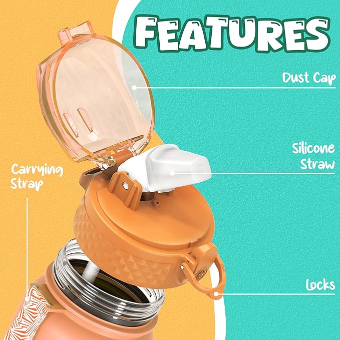 OLDLEY Kids Water Bottle for School, 17 oz (Straw Lid) BPA-Free Reusable Leak-proof Durable Tritan Plastic Water Bottles with One-handed Opening Straw Lids, Anti-dust Spout Cover (Sunflower)