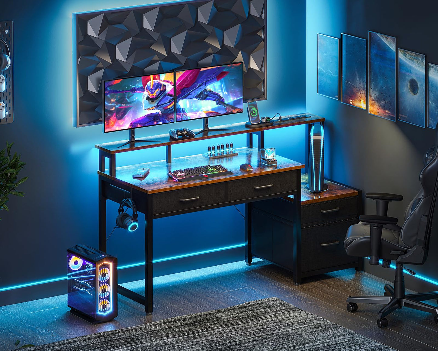 AODK Computer Desk with 4 Drawers, 48 Inch Reversible Desk with Led Lights & Power Outlet, Office Desk with File Drawer & Monitor Stand, Work Table for Home Office, Rustic Brown