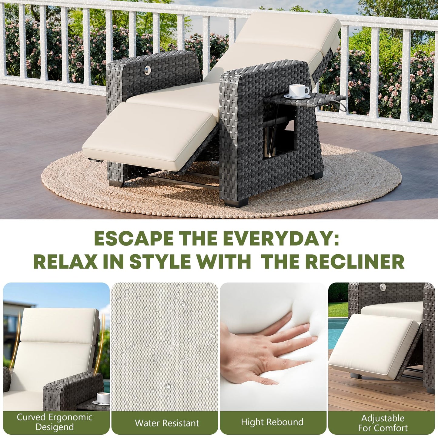 Set of 2 Outdoor Patio Reclining Chairs with 150° Lay-Flat Position, Extended Footrest, Flip-Up Side Table & Removable Beige Cushions - Wicker Recliners