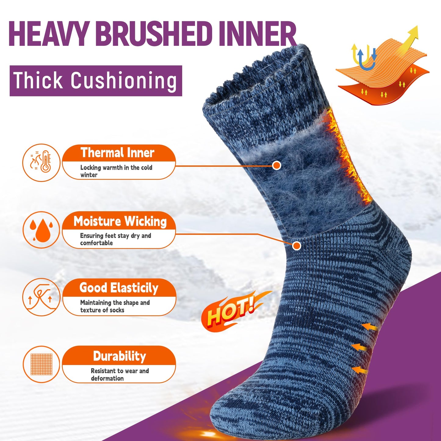 AMENLAN Women Heated Socks Ski Winter Thermal Hiking Snowboarding Thick Boot Insulated Socks 3 Pairs (3 Pairs Grey/Blue/Dark Grey)