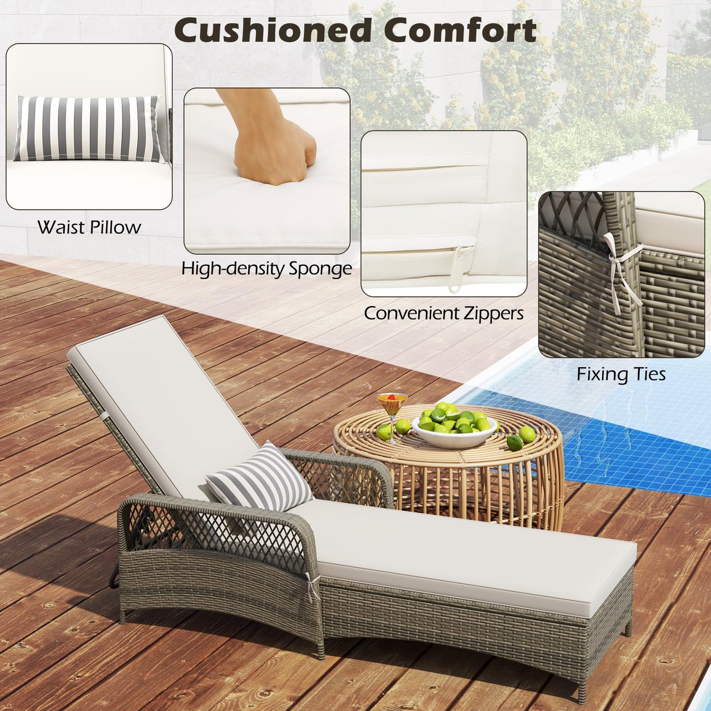 Toolsempire Wicker Chaise Lounge Chair Set of 2, Patio Rattan Recliner with 6-Position Adjustable Backrest, Soft Cushions, Removable Lumber Pillow & Armrests, Lounger Chair for Poolside & Backyard