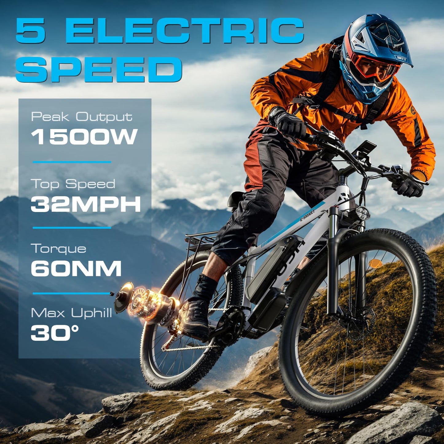 PUJH Peak 1500W Motors Electric Bike for Adults, 48V 17.5Ah Battery, 29"*2.1 Fast Ebike,Max 32 mph 30-80 Miles,Front Suspension Disc Brake Class 3 E-Bike,Off Road Mountain Hunting for Men