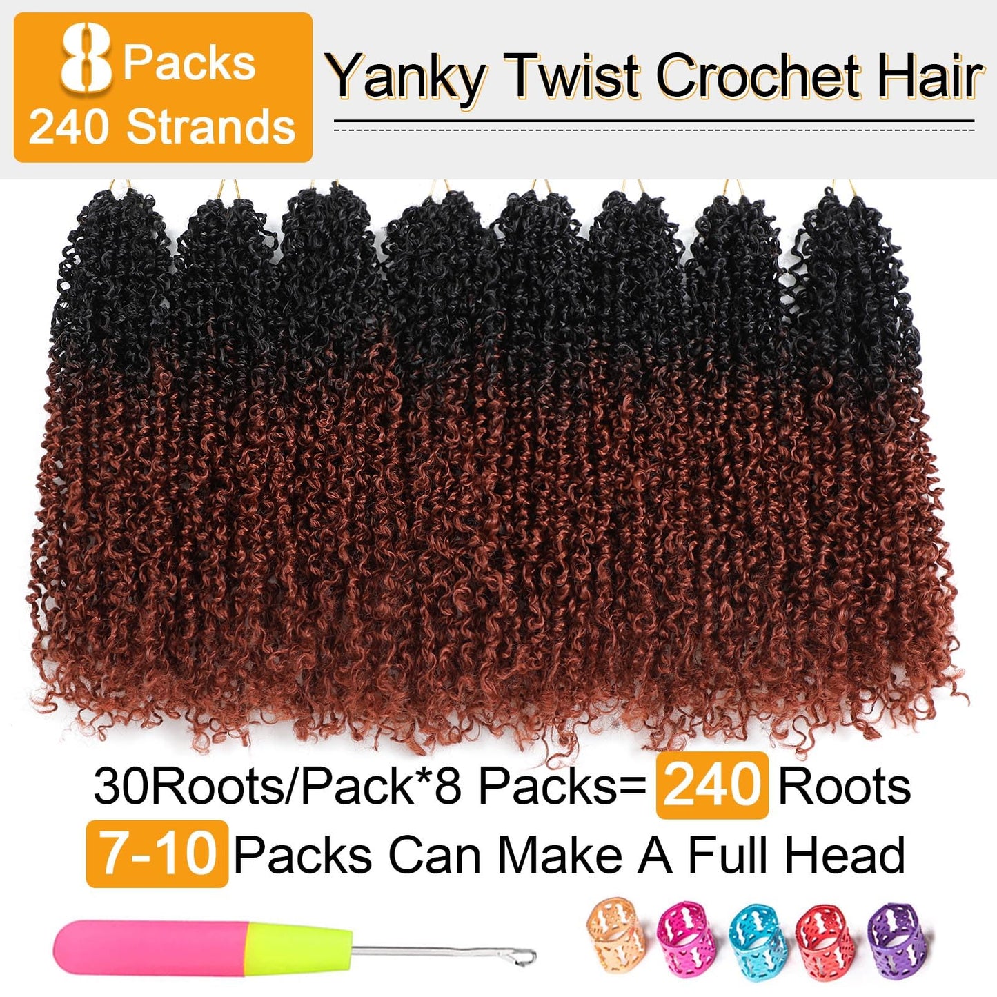 Aksice Pre-looped Yanky Twist Crochet Hair 10 Inch 8 Packs Bohemian Passion Twist Spring Mini Twist Crochet Hair for Black Women Boho Crochet Braids Synthetic (OT350#)