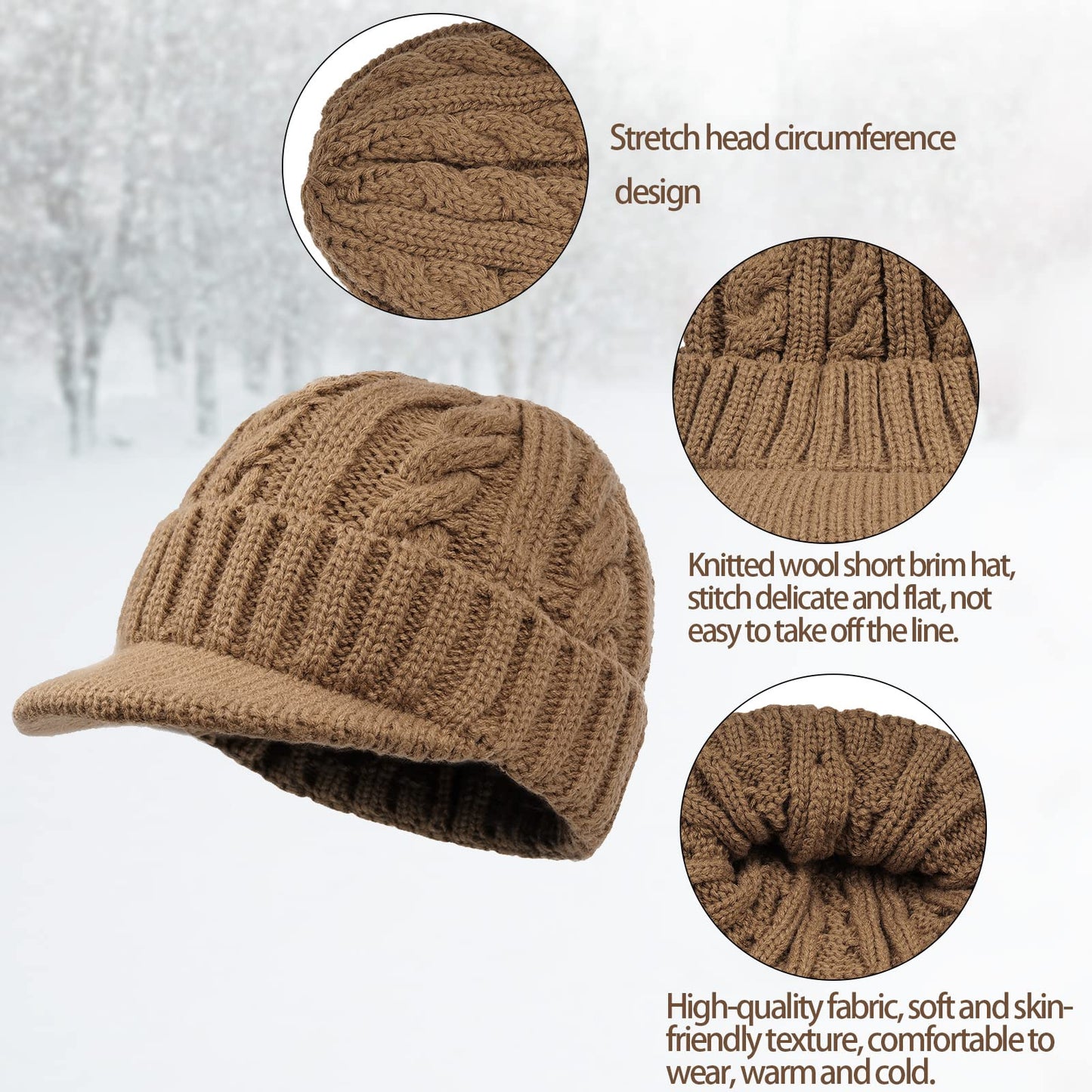Clakllie Winter Visor Beanie Hat for Men Women Brim Knit Skully Hats Billed Skull Cap Thick Vintage Knitted Beret,Gray