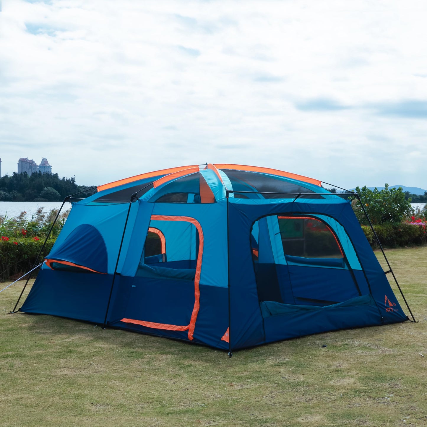 KTT Extra Large Tent 12 Person,14'Lx10'Wx7'H,Family Cabin Tents,Full Rainly,2 Rooms,2 Bay-Windows and 3 Doors 3 Windows with Mesh,Waterproof,Straight Wall,Big Tent for Outdoor,Picnic,Camping(Brown)