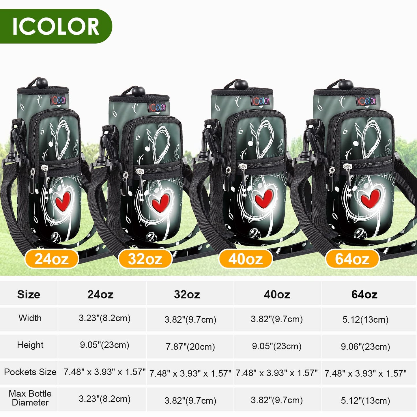 icolor Water Bottle Carrier Bag Holder 25/32/40/64oz,Adjustable Padded Shoulder & Handle Strap Sports Sling Hiking Pack,Insulated Neoprene Wide Mouth Bottle Sleeve