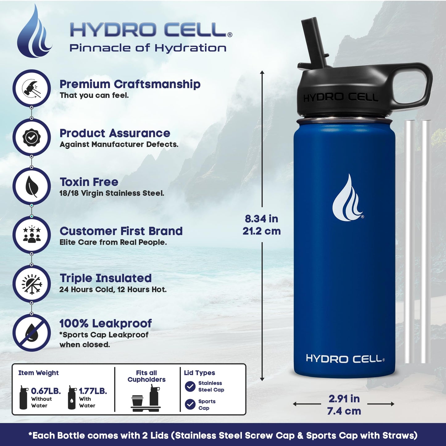 HYDRO CELL Stainless Steel Insulated Water Bottle with Straw - For Cold & Hot Drinks - Metal Vacuum Flask with Screw Cap and Modern Leakproof Sport Thermos for Kids & Adults (Navy 18oz)