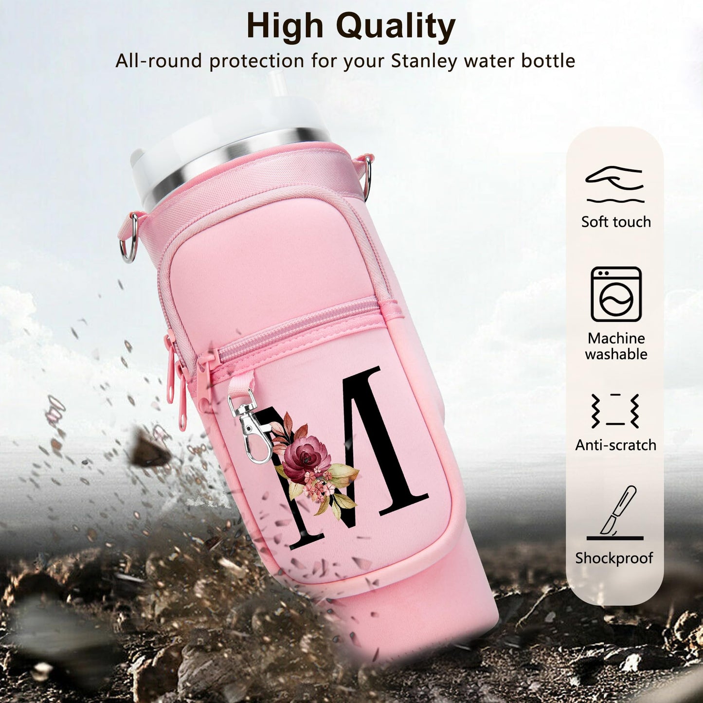 Initial Water Bottle Holder with Strap for Stanley 40 oz Tumbler, for Simple Modern 40 oz Tumbler, Graduation Gift with Phone Pocket, Carabiner, Personalized Gift for Stanley Cup Accessories Pink A