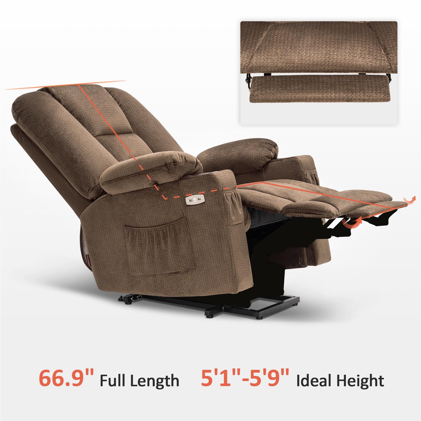 MCombo Large Power Lift Recliner Chair Sofa with Massage and Heat for Big and Tall Elderly People, 3 Positions, Cup Holders, and USB Ports, Fabric 7549 (Large, Brown)